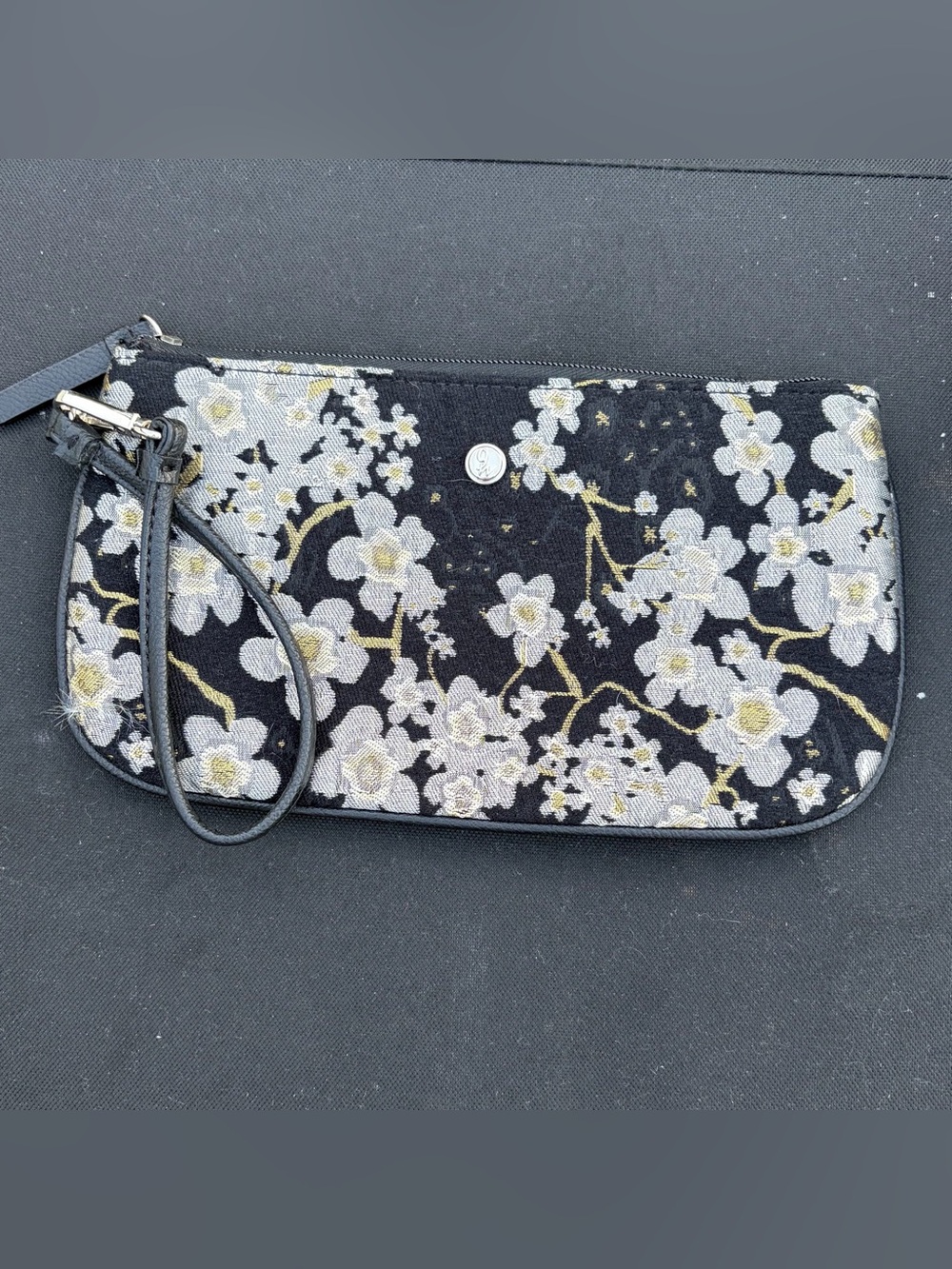Nine West Black Floral Embroidered Wristlet with White & Gold Accents